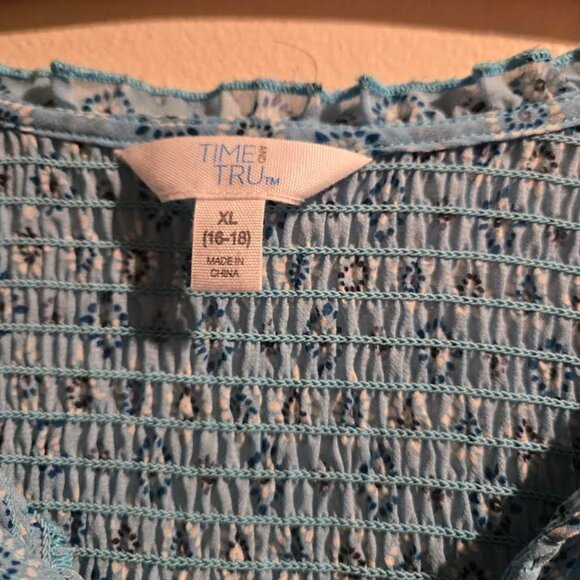 Time and Tru Sheer turquoise button up tie neck long sleeve blouse - Picture 3 of 6